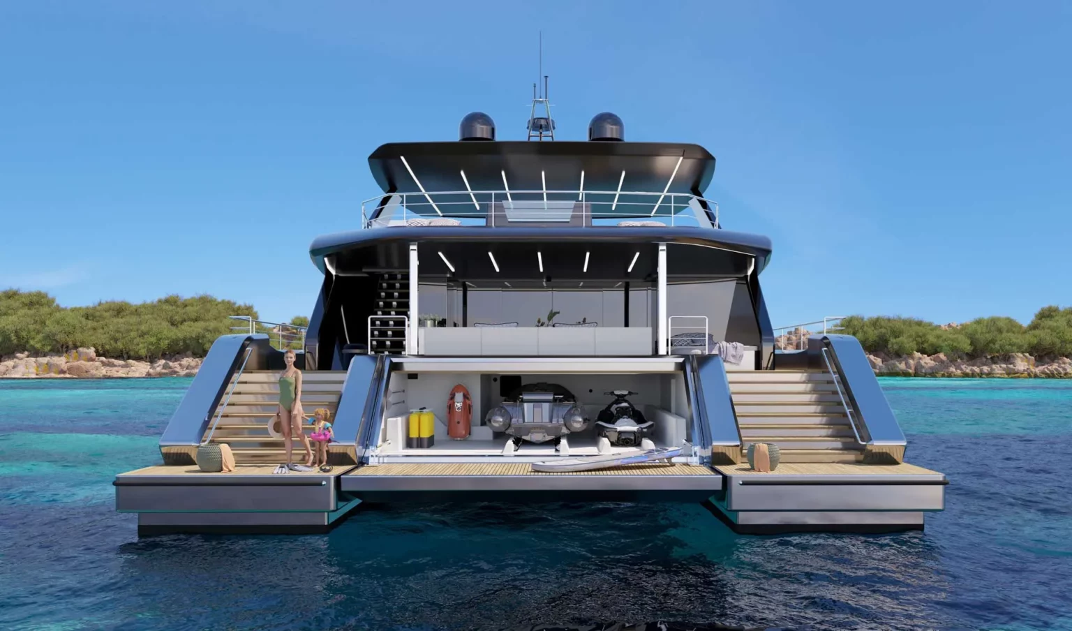 Heckansicht eines Sunreef Supreme Power Eco-Katamarans, der eine geöffnete Heckgarage zeigt, in der Wasserfahrzeuge verstaut sind, sowie zwei Treppen, die zum Wasser führen.