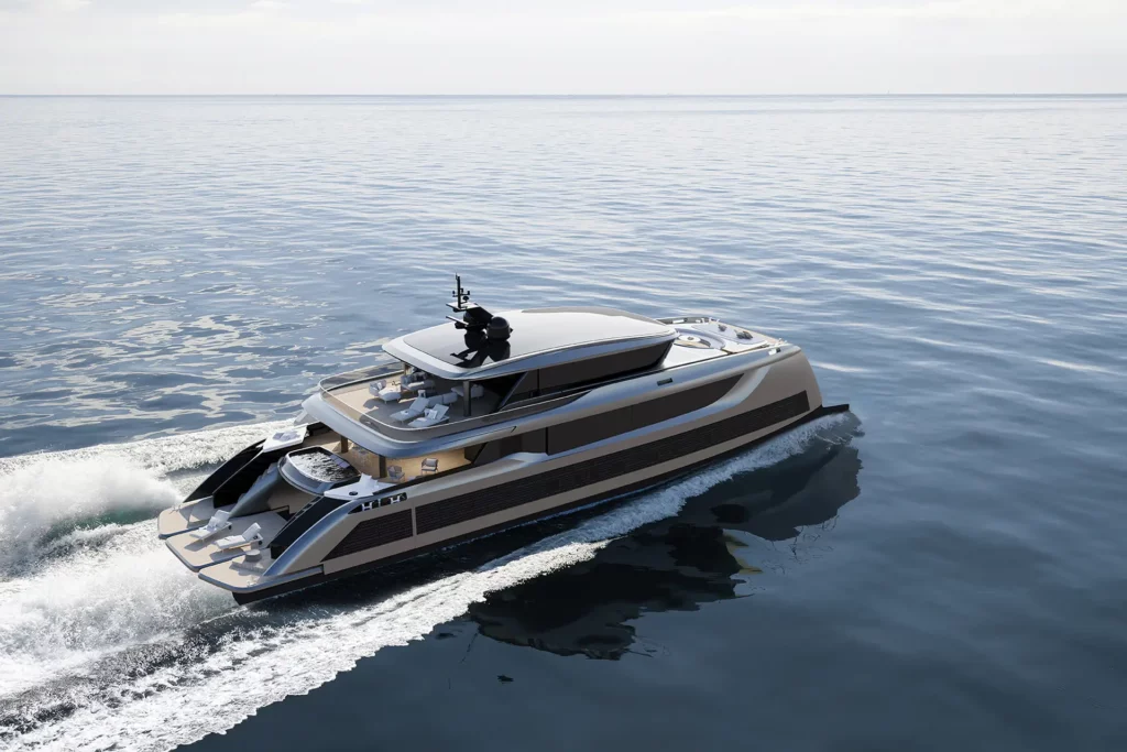 Das Bild zeigt eine luxuriöse Sunreef Yachts Superyacht, die elegant über ruhiges Wasser gleitet. Das moderne Design der Yacht betont großzügige Außendecks, die für ultimative Entspannung und Luxus sorgen. Die Sunreef Yachts Superyacht steht für höchste Leistung und zeitgemäße Eleganz auf dem Wasser.