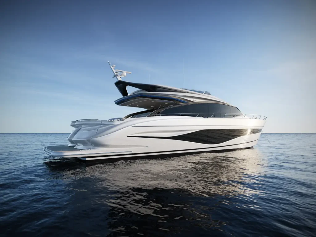 A detailed computer-generated image of a large, contemporary white s80 Princess Yacht floating in calm waters, emphasizing its sleek design and open deck